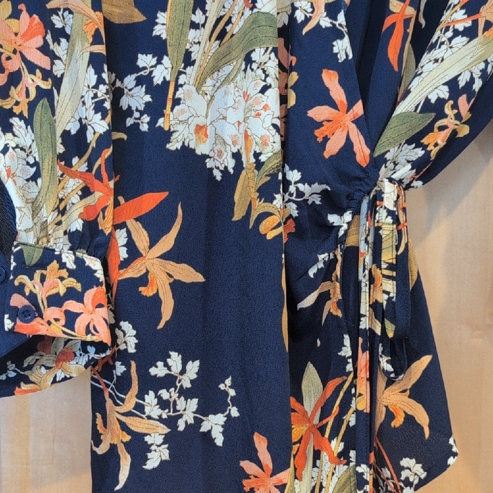 Suzanne Betro Floral Wrap Blouse in Navy and Orange - Picture 4 of 7